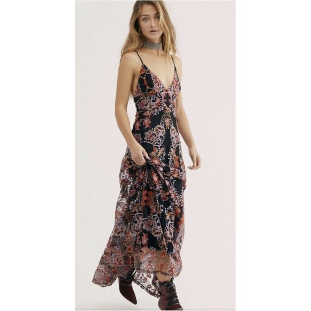 FREE PEOPLE RISING SUN FLORAL EMBROIDERED MAXI DRESS SIZE 8 Whimsigoth Ethereal
